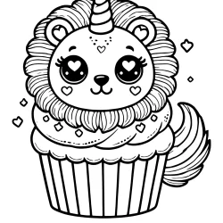 cute lion cupcake picture to color with a unicorn horn easy to color thick lines for kids and todlers