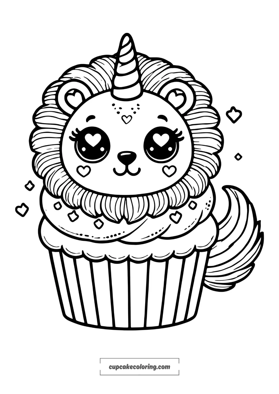 cute lion cupcake picture to color with a unicorn horn easy to color thick lines for kids and todlers