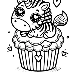 cute zebra cupcake coloring page with a unicorn horn. The cupcake has a topping shaped like an adorable zebra, which has hear eyes