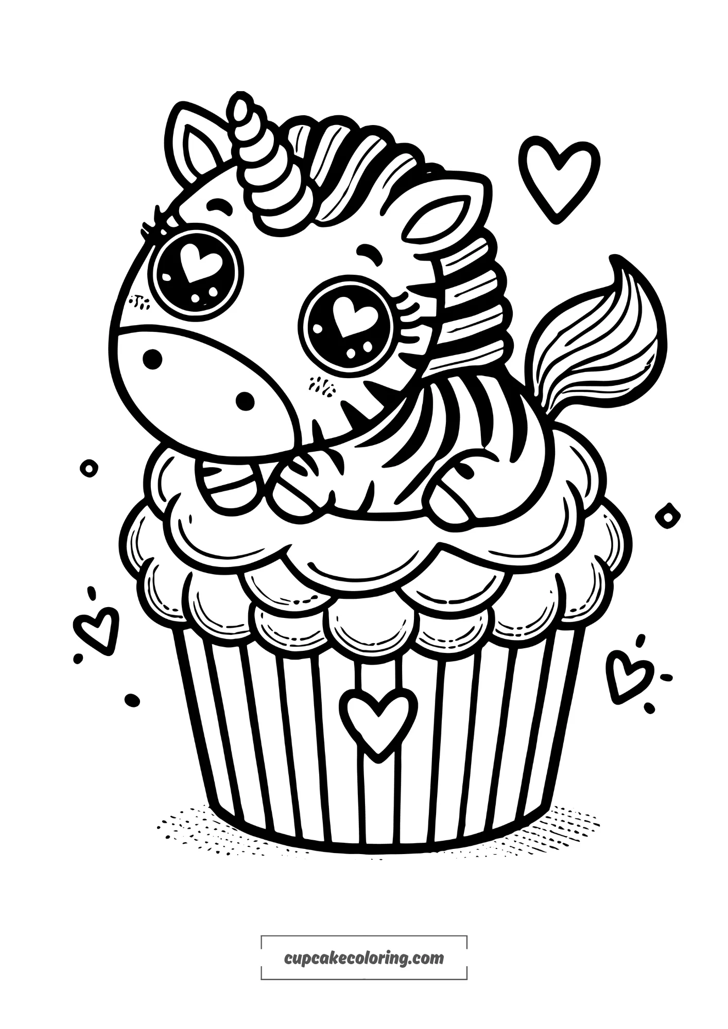 cute zebra cupcake coloring page with a unicorn horn. The cupcake has a topping shaped like an adorable zebra, which has hear eyes