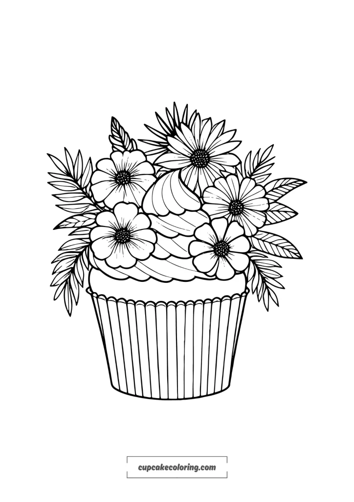 free printable coloring page with a cute cupcake with tropical flowers for adults women