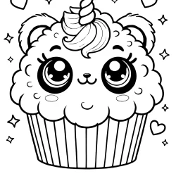panda fluffy cupcake picture to color with a unicorn horn. The cupcake has a topping shaped like an adorable and humorous panda