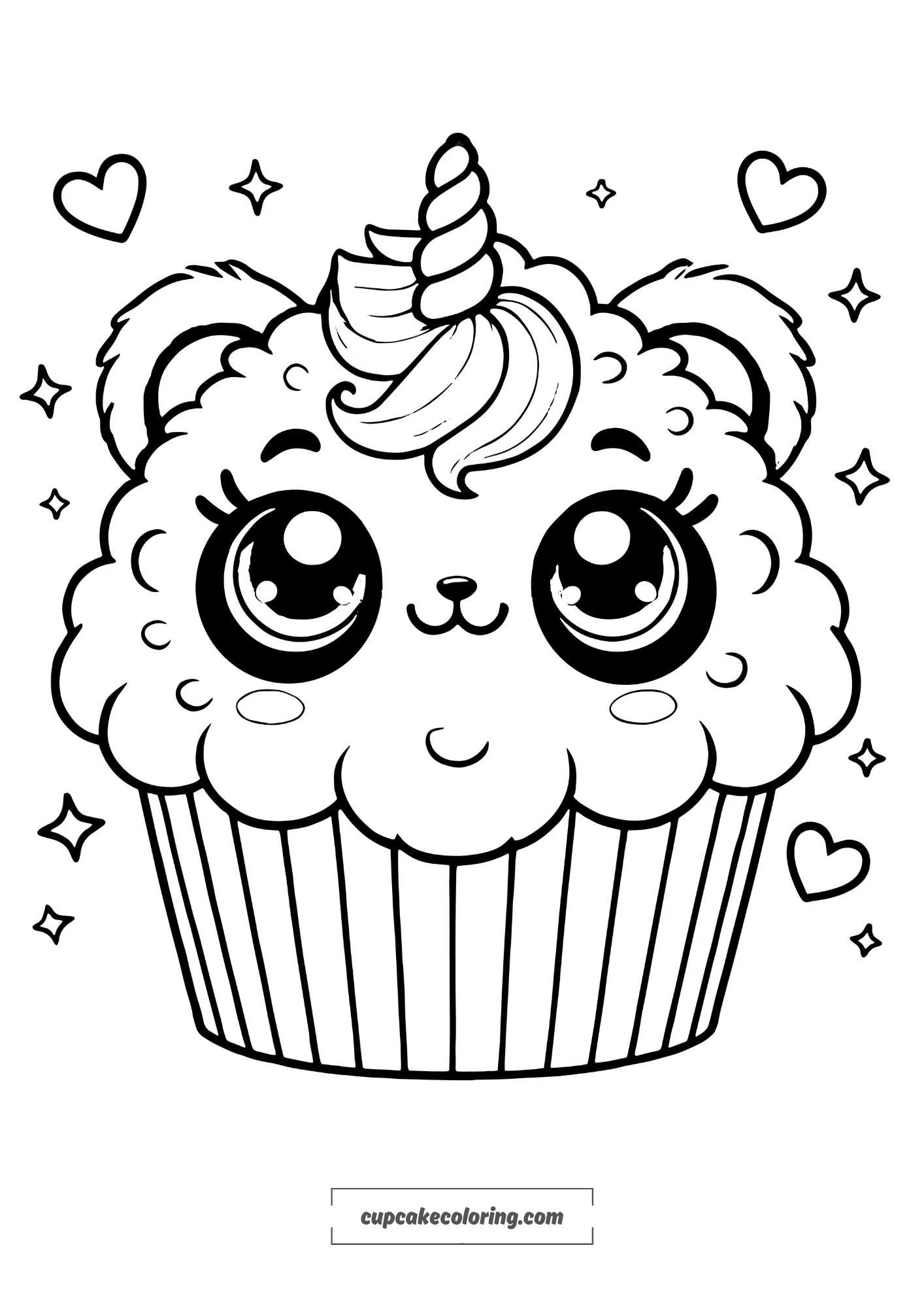 panda fluffy cupcake picture to color with a unicorn horn. The cupcake has a topping shaped like an adorable and humorous panda