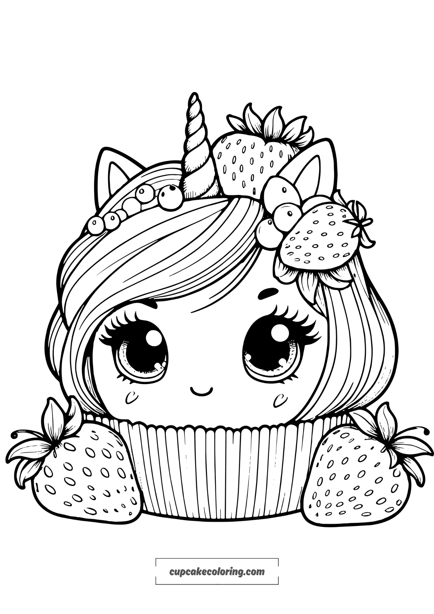 printable picture to color of a cupcake with strawberryes and horns