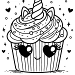 simple animal cupcake coloring page with a unicorn horn