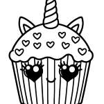 simple animal cupcake coloring page with a unicorn horn and hearts free to download printable