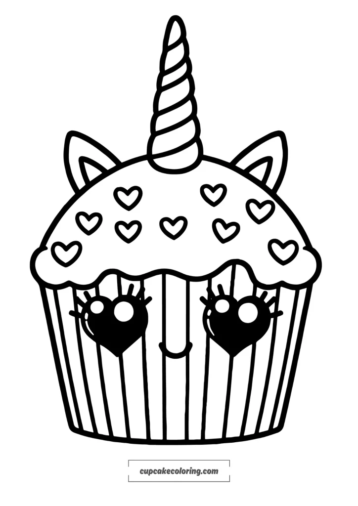 simple animal cupcake coloring page with a unicorn horn and hearts free to download printable