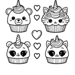 simple coloring page with a cute and adorable teddy bear cupcake with an unicorn horn,second unicorn cupcake, third cute kitty cupcake with an unicorn horn.