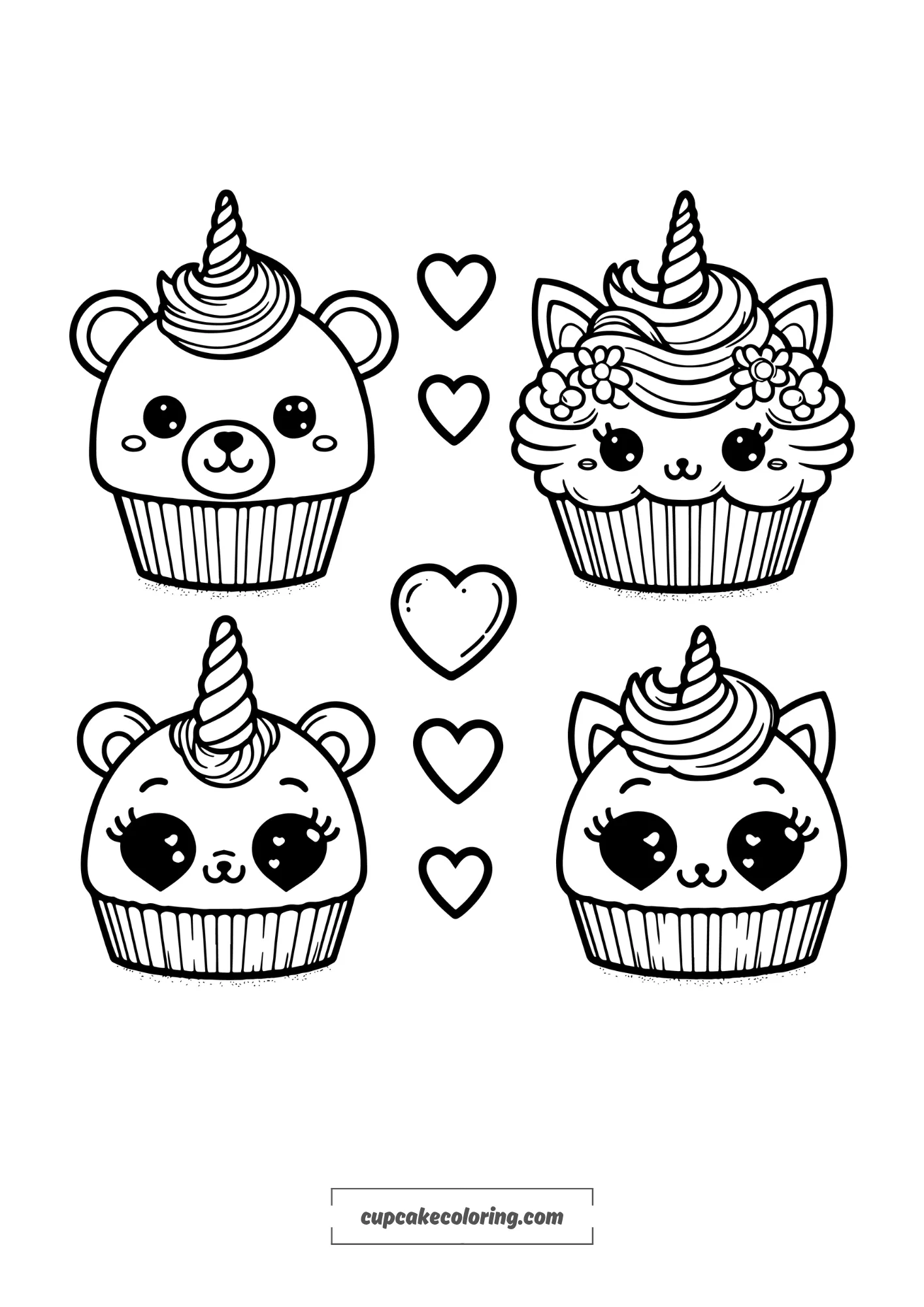 simple coloring page with a cute and adorable teddy bear cupcake with an unicorn horn,second unicorn cupcake, third cute kitty cupcake with an unicorn horn.