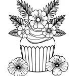 simple coloring page with a cute cupcake with tropical flowers for adults women