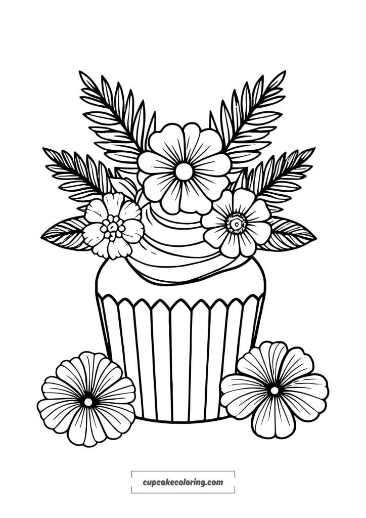 simple coloring page with a cute cupcake with tropical flowers for adults women