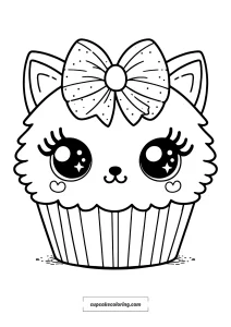 simple cupcake coloring page with kitty ears on top and a bow