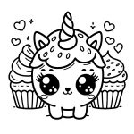 simple cute cupcake coloring page, with small mascote unicorn free to download and color