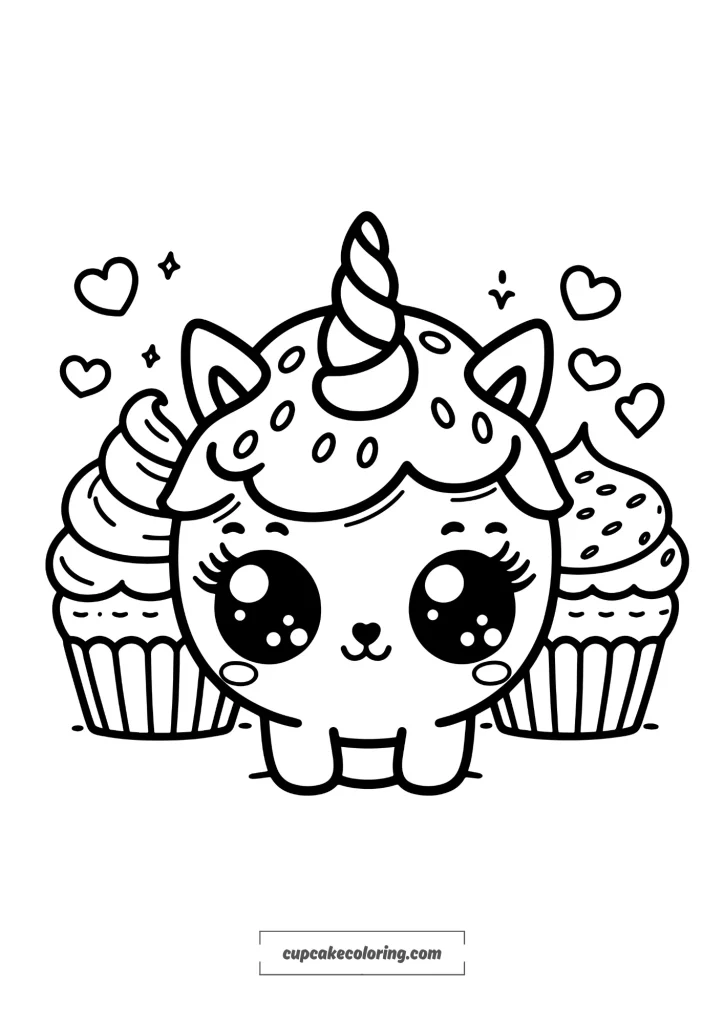 simple cute cupcake coloring page, with small mascote unicorn free to download and color