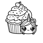 simple cute cupcakecoloring page, with small unicorn mascote