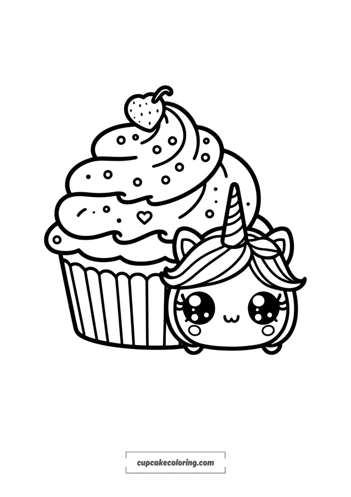 simple cute cupcakecoloring page, with small unicorn mascote