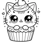 simple cute kitty cupcake coloring page pdf to print free