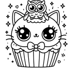 simple cute kitty cupcake coloring page with an owl on the head printable pdf