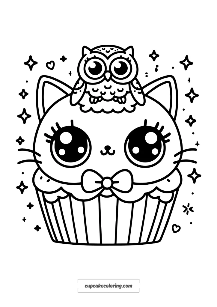 simple cute kitty cupcake coloring page with an owl on the head printable pdf