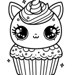 simple cute unicorn cat cupcake coloring page, with small printable for free online