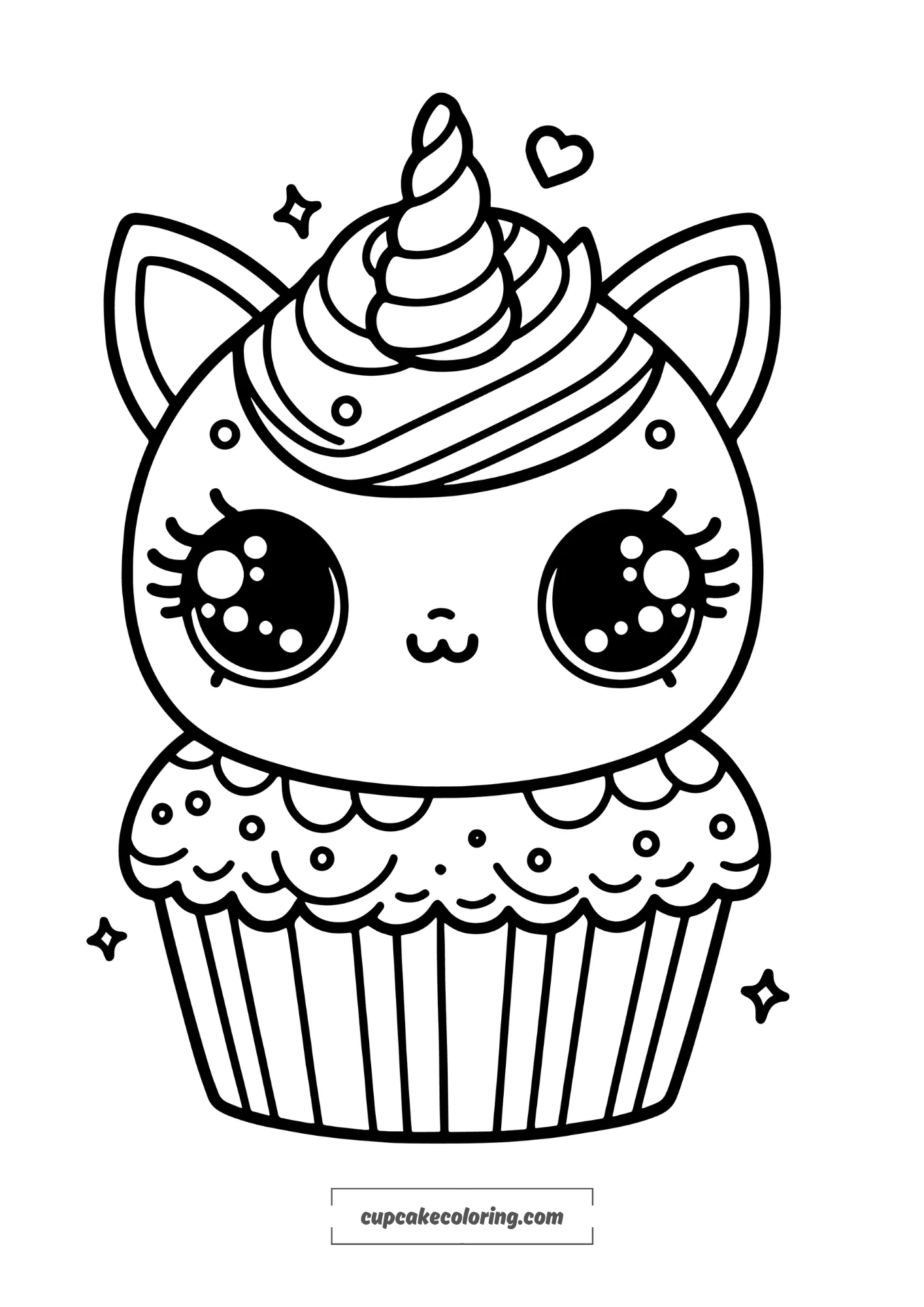 simple cute unicorn cat cupcake coloring page, with small printable for free online