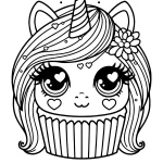 simple cute unicorn cupcake coloring page- heart eyes easy to color with thick lines for todlers free printable