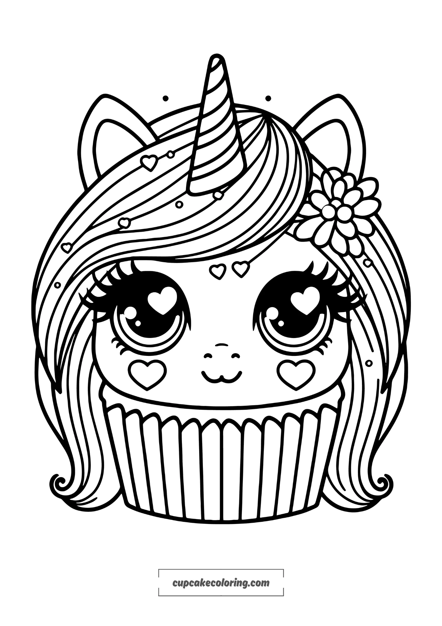simple cute unicorn cupcake coloring page- heart eyes easy to color with thick lines for todlers free printable