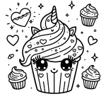 simple cute unicorn cupcake coloring page with hearts and cute eyes free to print