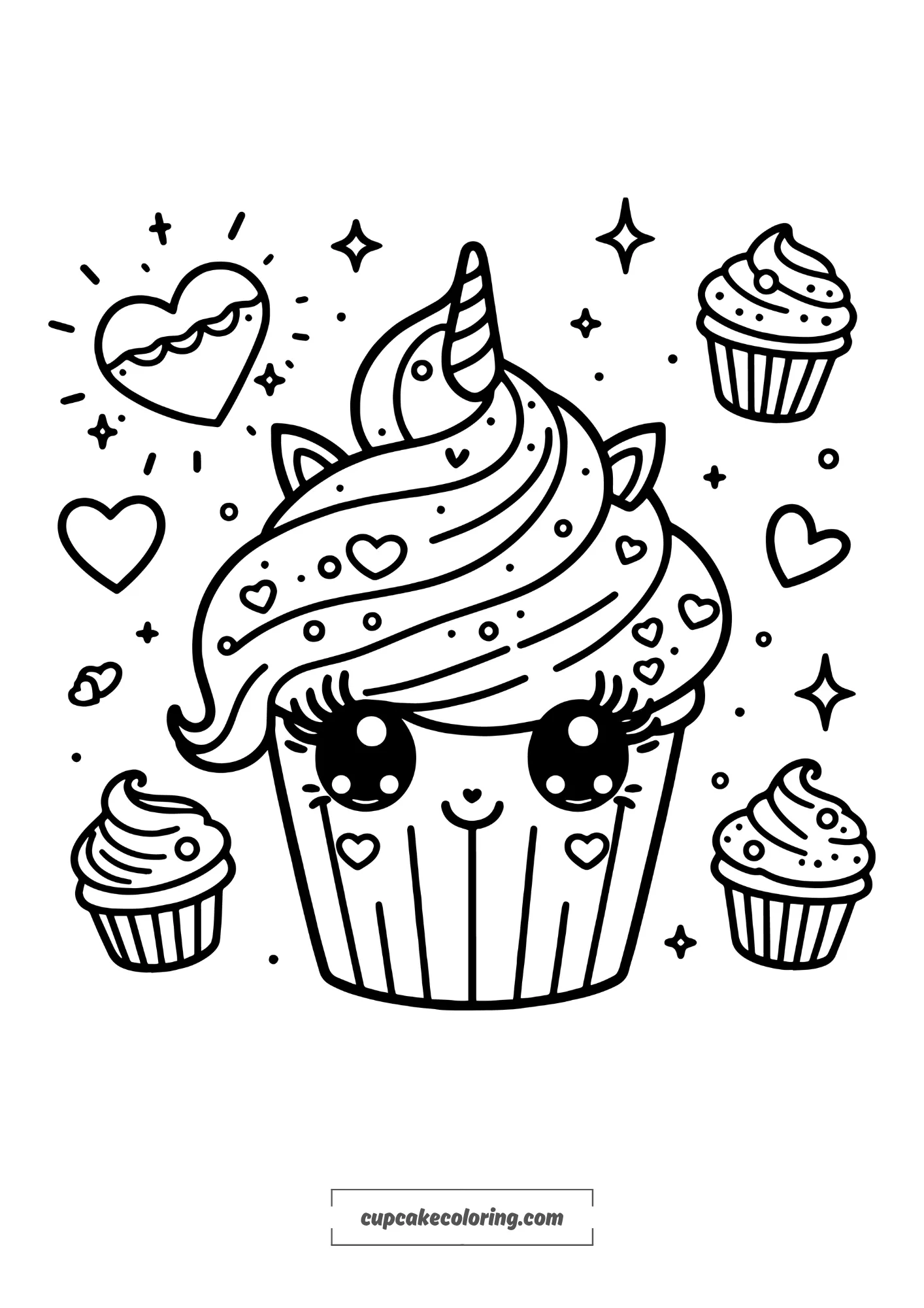 simple cute unicorn cupcake coloring page with hearts and cute eyes free to print