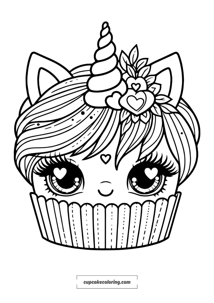 simple stunning unicorn cupcake coloring page -She has heart eyes free to download and print online