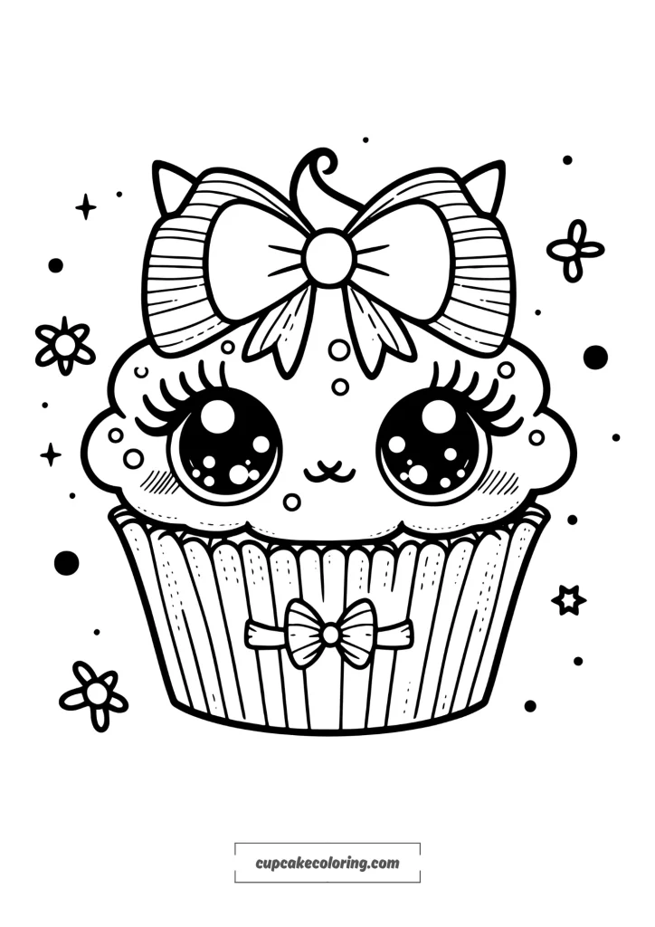 super cute kitty cupcake page to color with kitty ears on top and a bow easy to color for children age 4 ,5 6,7,8,9