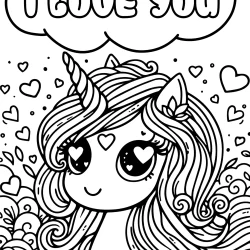 Unicorn picture to color for valentine day with inscription of love