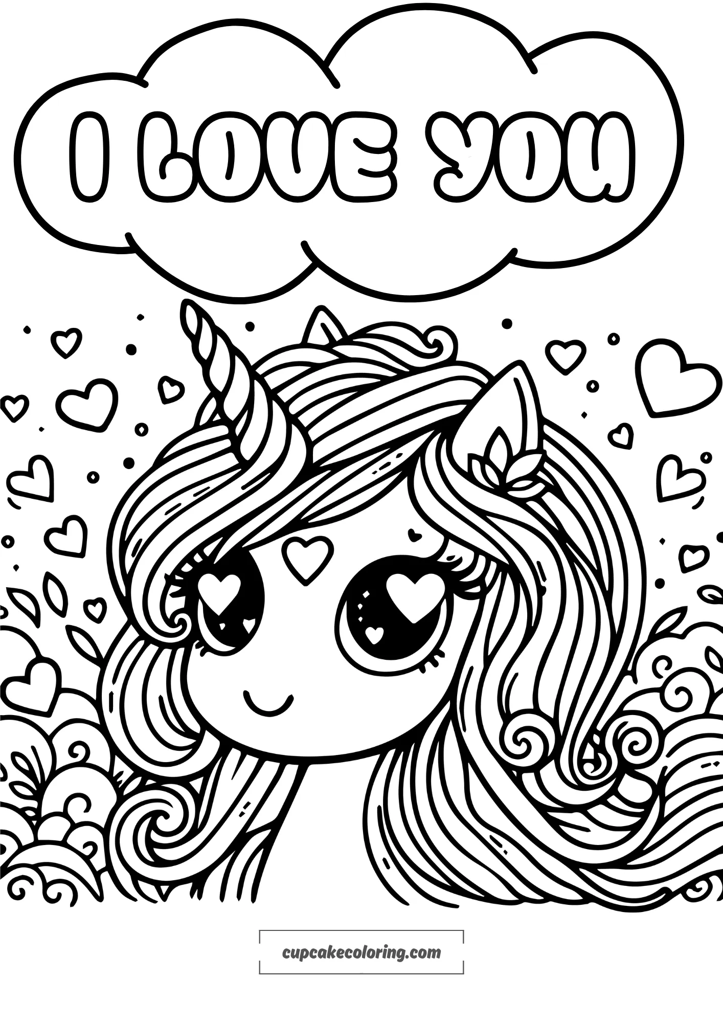 Unicorn picture to color for valentine day with inscription of love