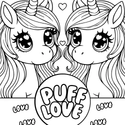 2 unicorns in love – coloring page valentines day puff love