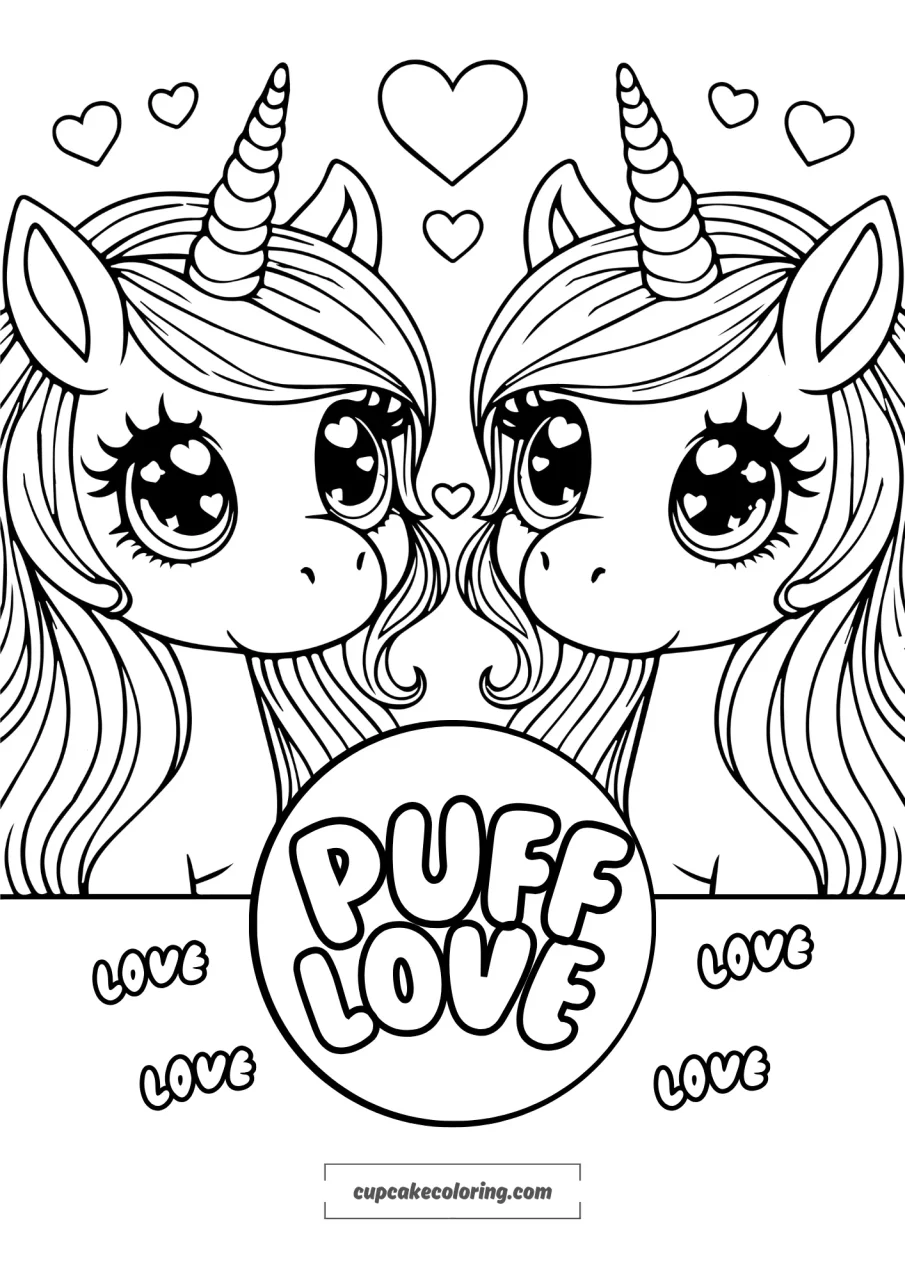 2 unicorns in love – coloring page valentines day puff love