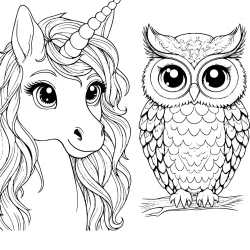 Fascinanting owl and unicorn picture to color for adults