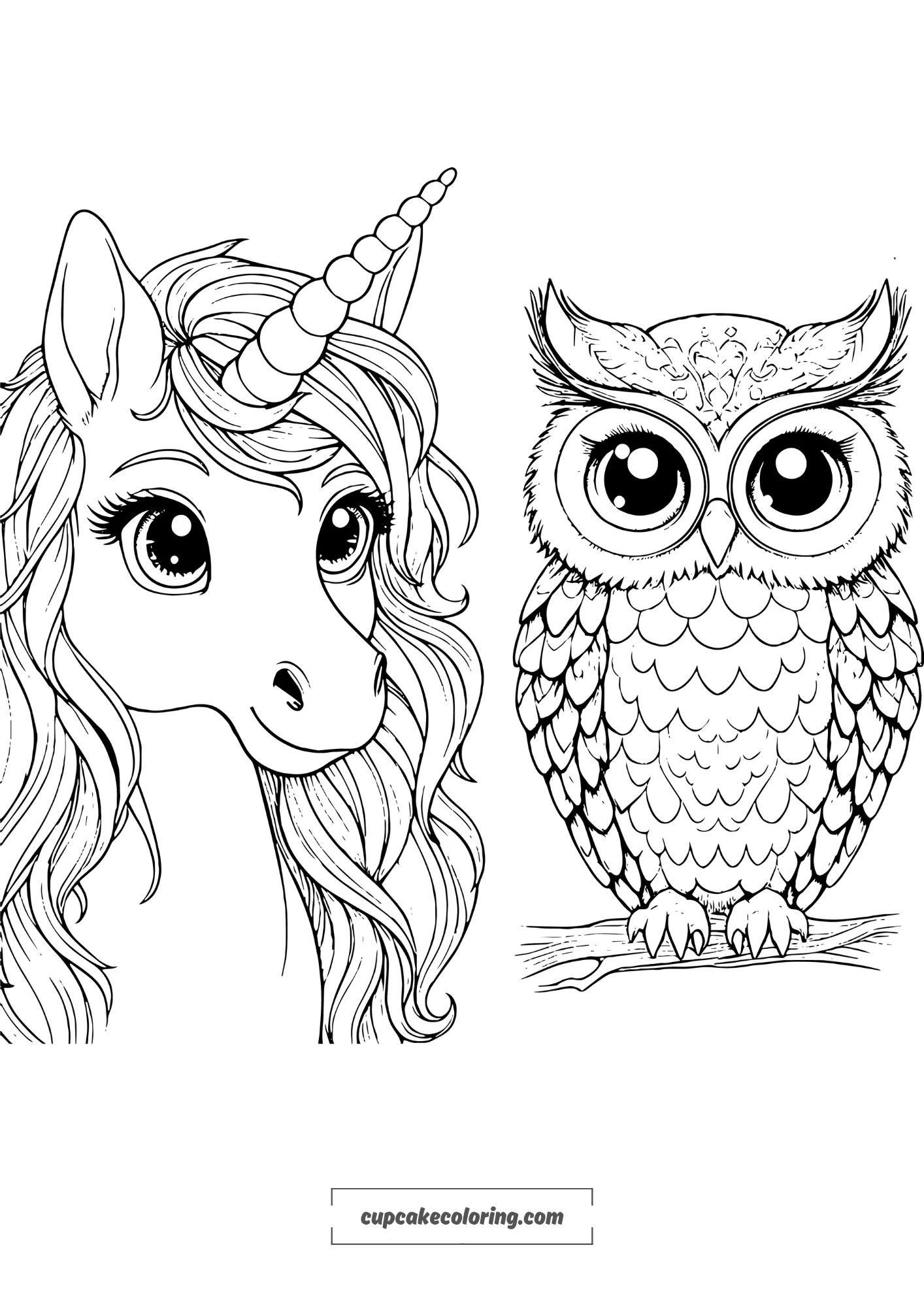 Fascinanting owl and unicorn picture to color for adults