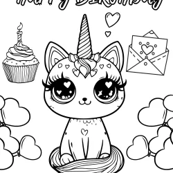 Happy birthday cute elegant caticorn picture to colour free printable with