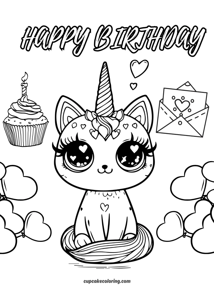 Happy birthday cute elegant caticorn picture to colour free printable with