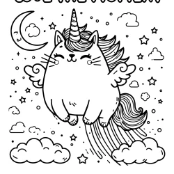 Love the moment – Happy unicorn kawaii cat in the night pic to colour in