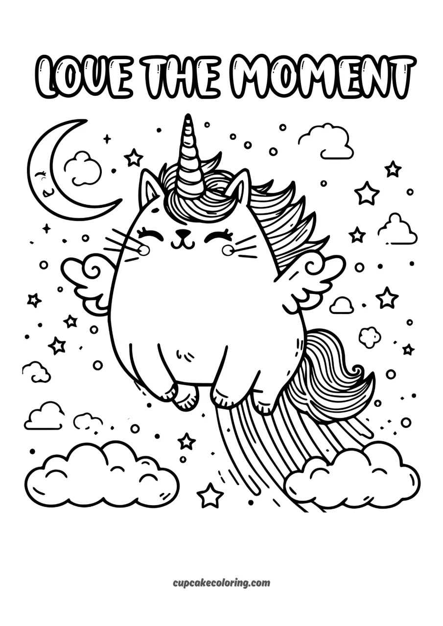 Love the moment – Happy unicorn kawaii cat in the night pic to colour in