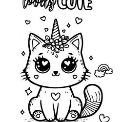 Lovely cute Unicorn cat picture to color with a hearts for kids