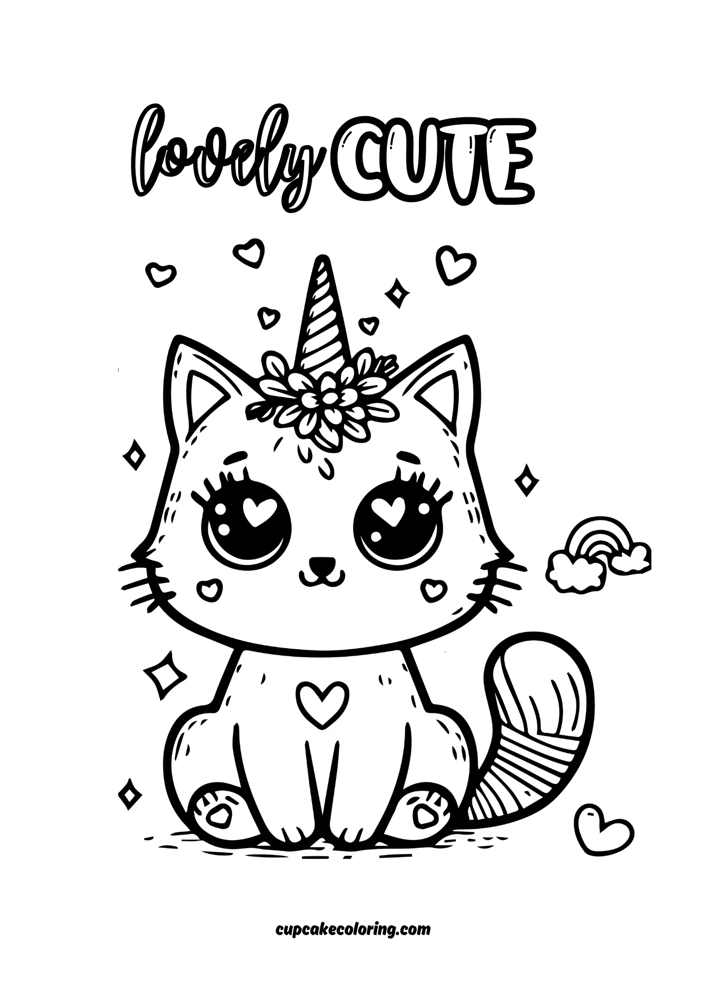 Lovely cute Unicorn cat picture to color with a hearts for kids