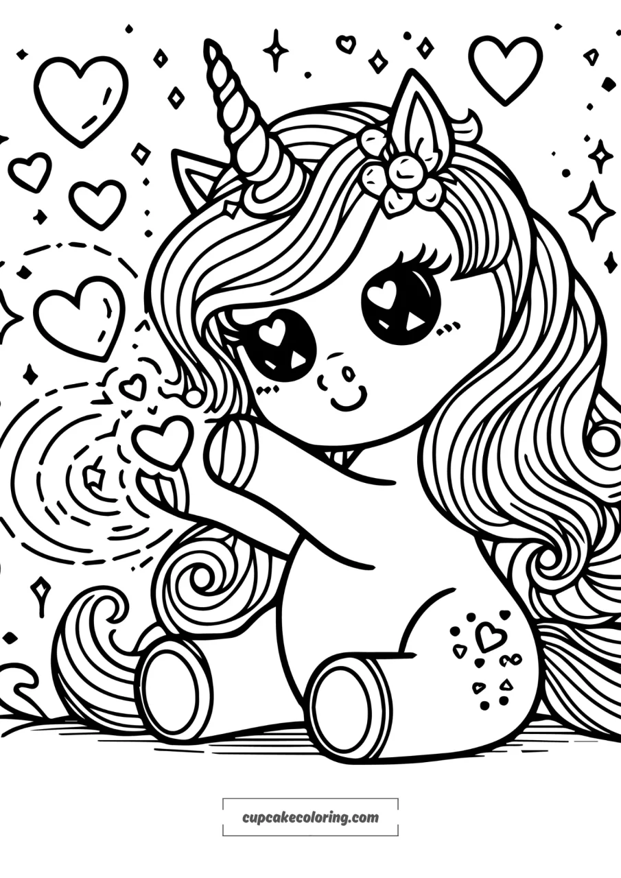 Pictures to color of unicorn creating magic hearts image free to print