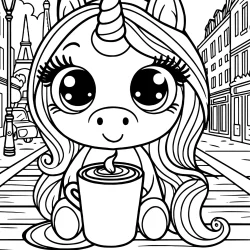 Unicorn drinking cofee in paris picture to collor in free printable