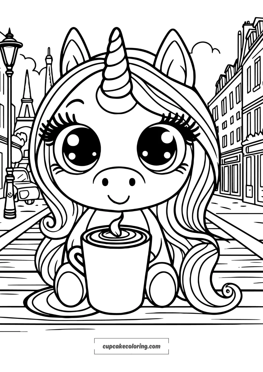 Unicorn drinking cofee in paris picture to collor in free printable