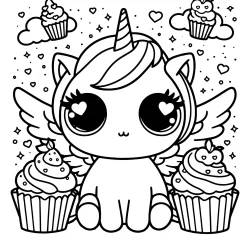 adorable little unicorn picture to color with wings and cupcakes very easy coloring page free to print