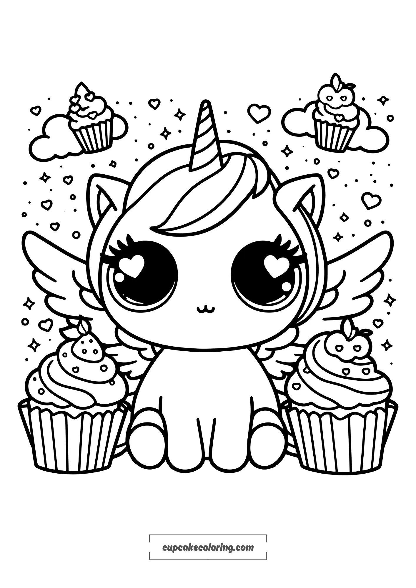 adorable little unicorn picture to color with wings and cupcakes very easy coloring page free to print