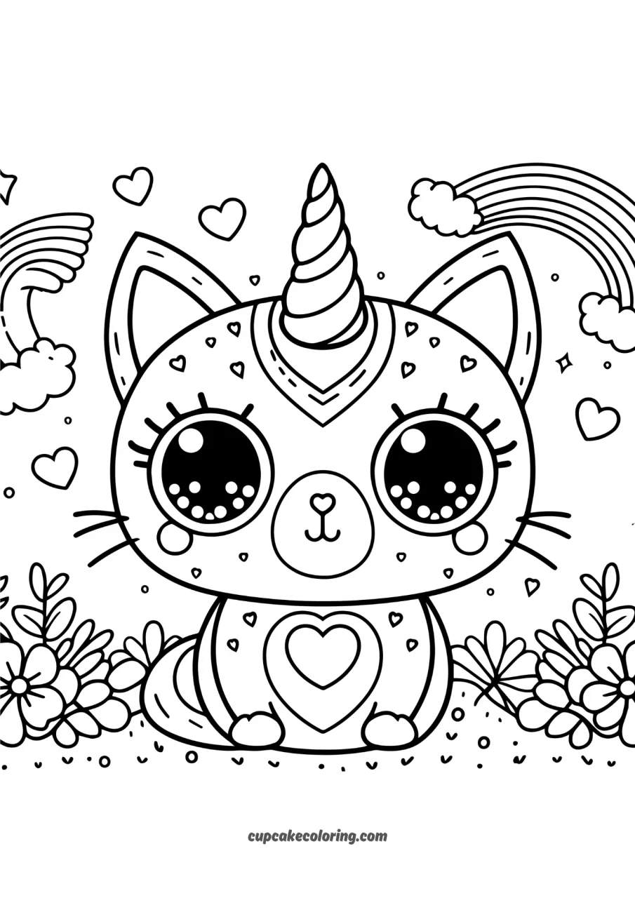 adorable unicorn cat coloring page with flowers