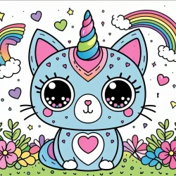 adorable unicorn cat coloring page with flowers_1